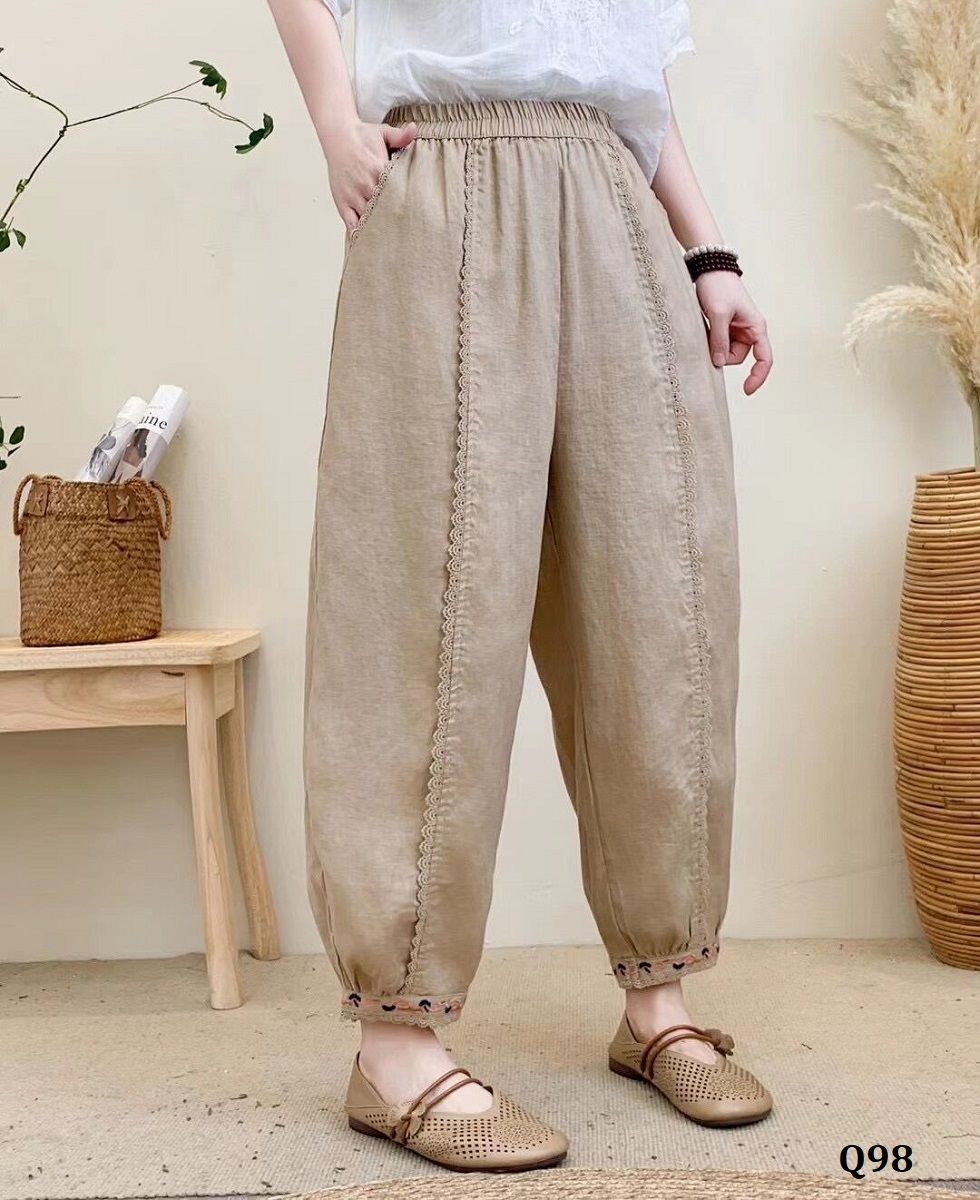  Q98-Quần Linen Thổ Thêu Gấu Chỉ Ren 