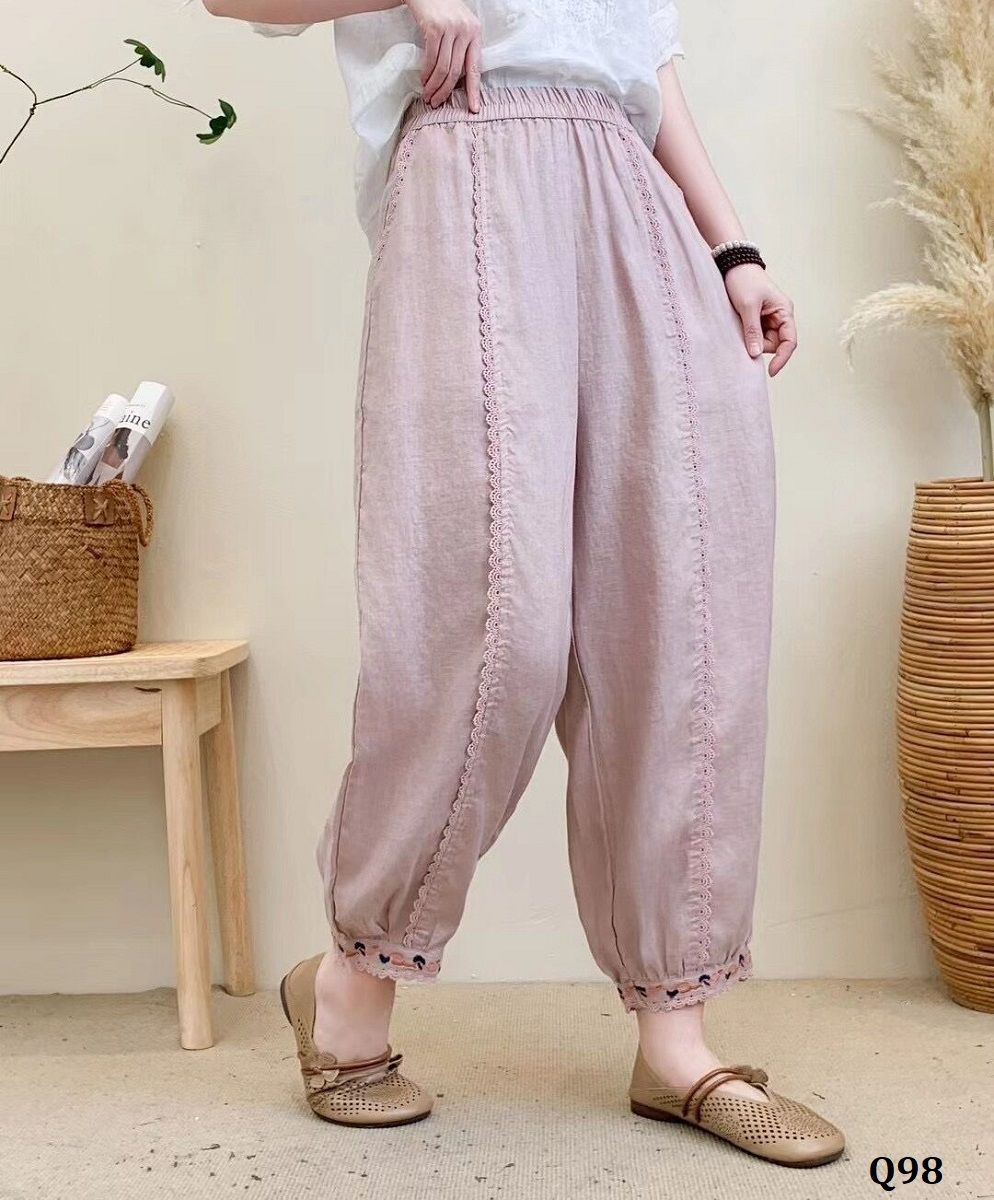  Q98-Quần Linen Thổ Thêu Gấu Chỉ Ren 